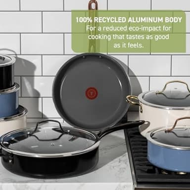 T-Fal Preserve Ceramic, Non stick Cookware Set 13-Piece, Oven & Broiler Safe up to 350°F, Includes Stockpot, Saucepans, Frying Pans, Protectors, Pots and Pans, Blue - Image 3