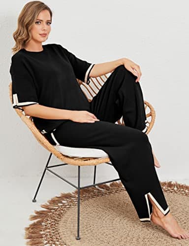 Tanming Sweater Sets Women 2 Piece Lounge Sets Short Sleeve Knit Pullover Tops Wide Leg Pants (Black-XL) - Image 8