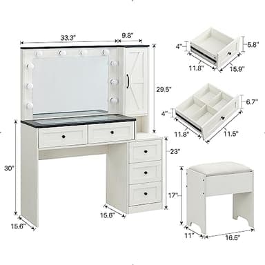 JXQTLINGMU Farmhouse Vanity Makeup Desk with Charging Station, 43" W Vanity Desk with Lights Mirror and Drawers for Makeup, Big Modern Makeup Table Set with Stool for Bedroom, Off White - Image 6