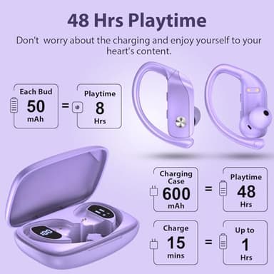 bmanl Wireless Earbuds Bluetooth Headphones 48hrs Play Back Sport Earphones with LED Display Over-Ear Buds with Earhooks Built-in Mic Headset for Workout Purple - Image 3