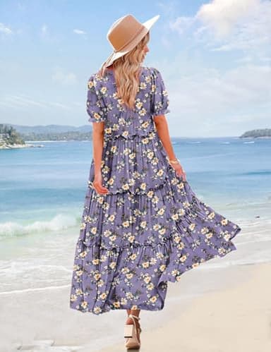 YESNO Summer Casual Bohemian Floral Dresses for Women Puff Short Sleeve Long Maxi Dress with Pockets (S ETX CR08) - Image 4