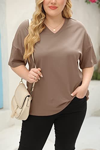 Women's Plus Size V Neck T Shirts Summer Half Sleeve Tees Casual Loose Fit Cotton Tunic Tops Khaki - Image 3