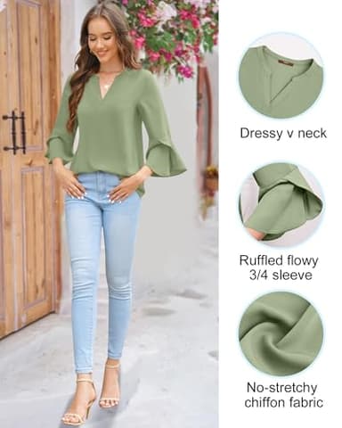 Gaharu Women Shirts for Work: XL Lime Green 3/4 Ruffle Sleeve Summer Tops - Office Blouses - Junior Business Tops Attire - Image 5