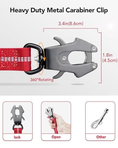 Joytale Tactical Dog Leash Heavy Duty, 4-6FT Shock Absorbing Bungee Lead with 2 Padded Handle, Metal Carabiner Clip, Car Seatbelt, Strong No Pull Leash for Medium Large X-Large Dogs, Red - Image 2