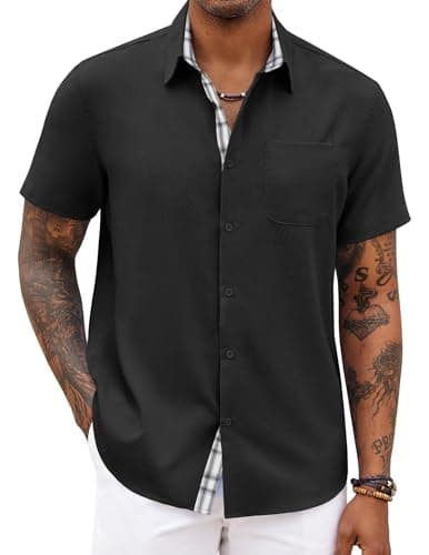 COOFANDY Men's Linen Shirts Short Sleeve Beach Shirts Hawaiian Tropical Summer Button Down Shirts Black - Image 1