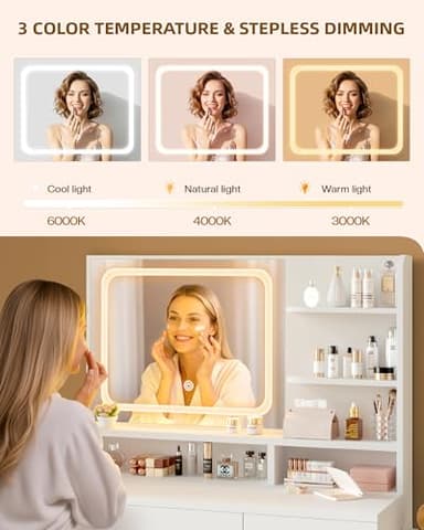 LIVELYGLOW Makeup Vanity Desk Set, 35.4“Wx15.7”Dx53.9“H, White (Smart LED Mirror, with Cushion Stool, Hairdryer Rack, Power-Outlet, 4 Drawers, Open Shelves) - Image 3