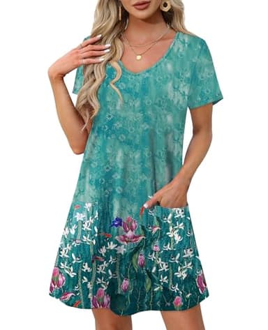 OFEEFAN Beach Vacation Clothes for Women Summer Dresses for Women 2025 Loose V Neck Swimsuit Coverup T Shirt Dress Sundresses with Pockets Floral 08 L - Image 2