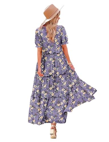 YESNO Summer Casual Bohemian Floral Dresses for Women Puff Short Sleeve Long Maxi Dress with Pockets (S ETX CR08) - Image 1