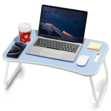 ZEAPTAC Laptop Bed Desk, Foldable Lap Table, Portable Study Table, Laptop Stand with Cup Holder & Tablet Slot & Lifting Handle for Working Writing Drawing & Eating - Blue - Image 1