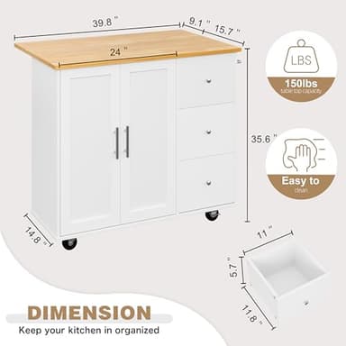 Shintenchi Kitchen Island with Folding Drop Leaf, Rolling Island Table with Storage, Kitchen Cabinet on Wheels with Seating Area for Kitchen, Bar Cart with Cabinet, White - Image 4