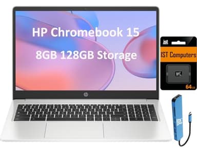 HP Chromebook 15 15.6" HD (Intel Pentium N6000, 8GB RAM, 128GB Storage (64GB eMMc + 64GB SD Card), UHD Graphics, Numeric KB) Home & Student Laptop, Anti-Glare, Webcam, Wi-Fi, Chrome OS, Silver - Image 1