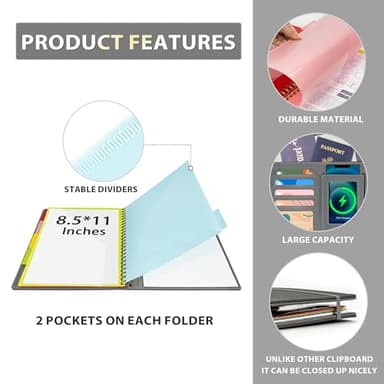 Clipboard with Storage for Men Women, Leather Padfolio Portfolio Organizer 5 Folders with 10 Pockets, Spiral Clipboard Folio with Notepad for Letter Size, Elastic Closure and Pen Loop Grey - Image 4
