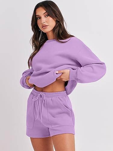ANRABESS Women 2 Piece Outfits Sweat Shorts Sets 2025 Oversized Casual Lounge Matching Set Sweatsuit Tracksuit Fall Clothes Purple X-Large - Image 8