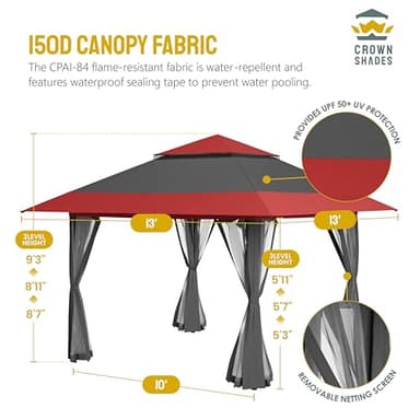 CROWN SHADES 13x13 Pop Up Gazebo, Patented One Push Outoor Canopy Tent with Wheeled STO-N-Go Cover Bag, Pop Up Canopy with Netting for Patio, Party, Backyard (13x13, Red & Grey Grid) - Image 5