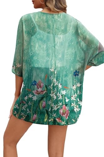 OFEEFAN Summer Tops for Women 3/4 Sleeve Plus Size Kimono Swimsuit Cover Ups Chiffon Blouses Pool Floral XXL - Image 4