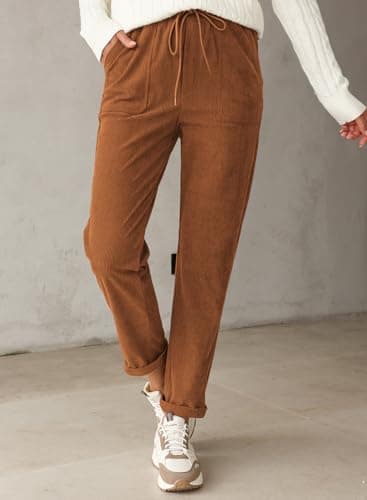 EVALESS Corduroy Pants for Women Casual Drawstring Elastic High Waist Straight Leg Harem Pants Fall Winter 2025 Loose Comfy Trousers with Pockets Orange Medium - Image 6