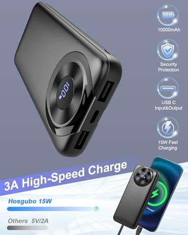 Hosgubo Power Bank 10000mAh, Portable Charger with Built in Cable 5V/3A High-Speed Charging, 4 Output 2 Input LED Display Slim Powerbank for iPhone 15/14/13, Galaxy S23/22, Tablet and etc - Image 2