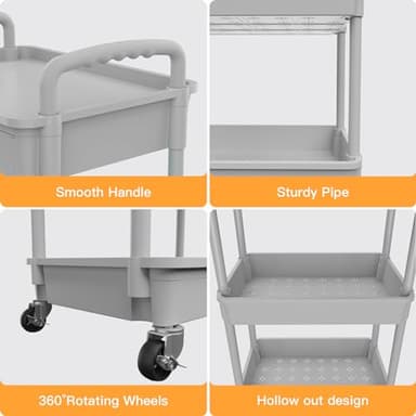 4 Tier Rolling Utility Cart with Drawer,REBECAT Utility Cart Made of Multifunctional Storage Organizer Tool for Kitchen,Bathroom,Living Room,Office(Gray) - Image 2