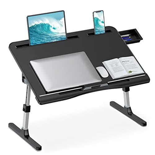 HETTHI Laptop Stand for Bed, Adjustable Leather Bed Desk with Foldable Legs, X-Large Laptop Bed Table Tray with Drawer for Bed Couch Floor Writing Working Reading Eating Painting (Black, 23.6"×15.7") - Image 1