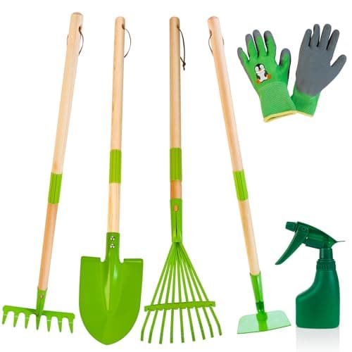 Amtreen Kids Gardening Tools Set - 6PCS Detachable Garden Tool Kit with Gloves, Shovel, Rake, Hoe, Leaf Rake & Spray Bottle - Wooden Handles with Hanging Hole, Perfect Outdoor Toy Gift for Ages 3-5 - Image 1