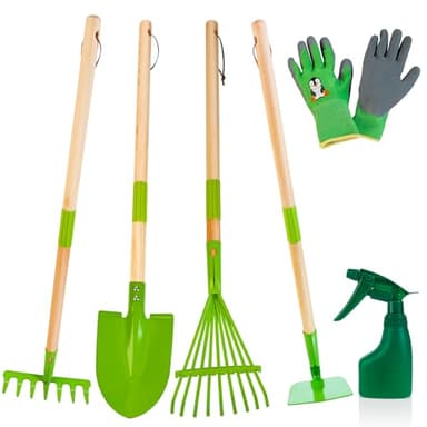 Amtreen Kids Gardening Tools Set - 6PCS Detachable Garden Tool Kit with Gloves, Shovel, Rake, Hoe, Leaf Rake & Spray Bottle - Wooden Handles with Hanging Hole, Perfect Outdoor Toy Gift for Ages 3-5 - Image 1