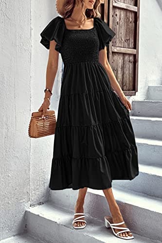 PRETTYGARDEN Women's Casual Summer Midi Dress Puffy Short Sleeve Square Neck Smocked Tiered Ruffle Dresses (Black,Medium) - Image 8