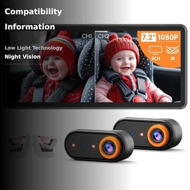 LUCKVIEW BM5PRO 7.2" 1080P HD Baby Car Camera for 2 Kids, Split Screen with IR Night Vision, Easy to Install & Adjust Brightness, Dual Car Camera Baby Monitor for Rear Seat Safety - Image 3