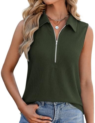 NORACORA Women's Summer Sleeveless Tops V Neck Collared Shirts Dressy Casual Striped Ribbed Tank Top with Half-Zipper Loose Fit Tunic Tops Army Green - Image 1