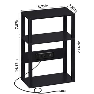 YUFAM 3-Tier Small Narrow Wood Side Table with Charging Station, Skinny Nightstand for Small Space, Slim Bedside Table with Storage for Couch, Thin End Table with USB Ports and Outlets, Black - Image 3