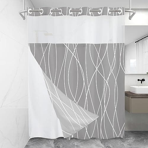 LXBNI No Hook Light Grey Striped Shower Curtain with Snap in Fabric Liner Set - Hotel Shower Curtain and Liner Set with See Through Mesh Top Window,Machine Washable, 71x74 INCH - Image 1
