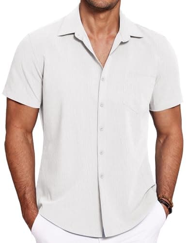COOFANDY Mens Short Sleeve Button Down Shirts Linen Shirt Summer Holiday Shirt Beach Tops White - Image 1