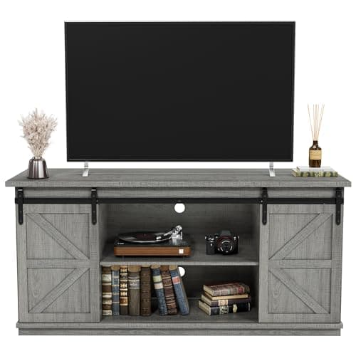 JUMMICO TV Stand for 65 Inch TV, Entertainment Center with Storage Cabinets and Sliding Barn Doors, Mid Century Modern Media TV Console Table for Living Room Bedroom (Pale Gray) - Image 1