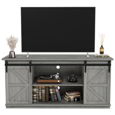 JUMMICO TV Stand for 65 Inch TV, Entertainment Center with Storage Cabinets and Sliding Barn Doors, Mid Century Modern Media TV Console Table for Living Room Bedroom (Pale Gray) - Image 1