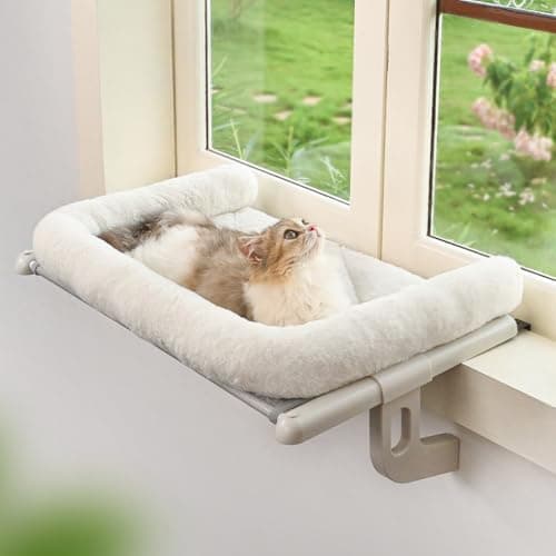 Zoratoo Cat Window Sill Perch with Large Bolster, Easy to Adjust & Assemble Cat Window Seat for Windowsill & Bedside, Pet Hammock Bed for Large Cats and Kittens (White, M) - Image 1