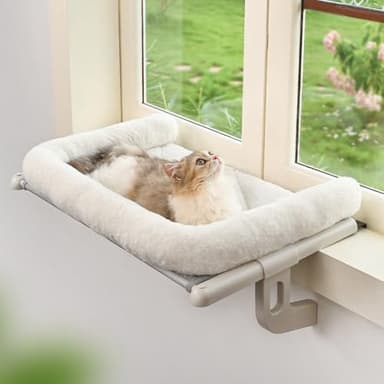 Zoratoo Cat Window Sill Perch with Large Bolster, Easy to Adjust & Assemble Cat Window Seat for Windowsill & Bedside, Pet Hammock Bed for Large Cats and Kittens (White, M) - Image 1