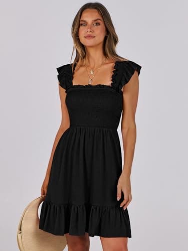 Prinbara Womens Summer Casual Square Neck Smocked Short Sundress 2025 Spring Beach Vacation Flowy Cute Teen Boho Dresses Black Small - Image 2