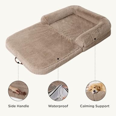 Bedsure Foldable Human Size Giant Dog Bed for Adults, 2 in 1 Calming Pet Bed with Egg Foam Supportive Mat and Waterproof Liner, Faux Fur Orthopedic Sofa, Camel - Image 5