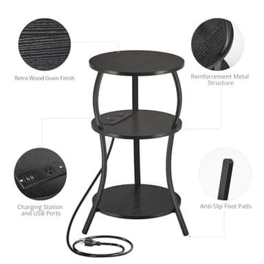 Small Round Side Table with Charging Station, 3-Tier Waist Circular End Table with Storage Shelf, Compact Tea Sofa Side Table Small Spaces, Round Corner Coffee Table for Living Room Bedroon,Black - Image 4