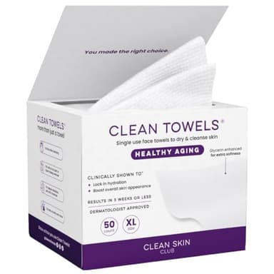Clean Skin Club Healthy Aging Clean Towels® XL, Smooths Fine Lines Wrinkles & Texture in 6 weeks, Treated for Extra Softness, Disposable Face Towels, Anti Aging Makeup Remover Dry Wipe, 50 count - Image 1