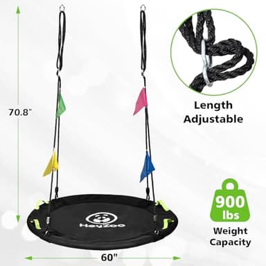 HeyZoo Tree Swing, 60 inch Larger Saucer Swing for Whole Family, 900lbs Weight Capacity, with Adjustable Hanging Straps, for Outdoor Backyard, Gifts for Kids, Black - Image 2