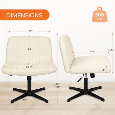 Orange Factory Criss Cross Chair No Wheel Wide Cross Legged Office Desk Vanity Chair Comfy Fabric Armless Adjustable Swivel for Home Computer Task (Beige) - Image 2