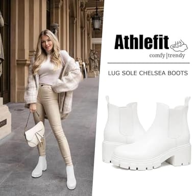 Athlefit Women's Chelsea Boots Fashion Lug Sole Chunky Heel Slip on Elastic Ankle Booties White Size 9 - Image 2