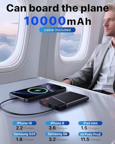 Aaoyun Portable Charger Power Bank, 10000mAh 22.5W PD Super Fast Charging Powerbank with Built-in USB C in&Out Cable, Slim External Phone Battery Pack for iPhone 17/16/15 iPad Samsung S24 Android etc - Image 5