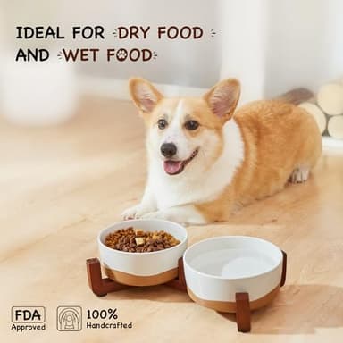 Lareina Ceramic Dog Bowl for Food and Water, 3 Cups Pet Bowl Set with Non-Slip Wood Stand for Your Small Medium Sized Dog, Vanilla White - Image 3