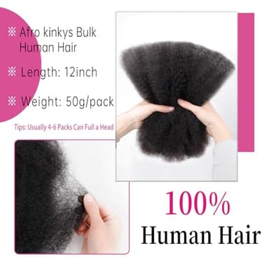 Afro Kinkys Bulk Human Hair For Braiding Afro Kinky-Curly Human Hair Bulk For Mini Twist Hair 12Inchs 50g/pack Bulk Human Braiding Hair For Micro Locs Extensions (1B, 12Inchs,50g/pack) - Image 2