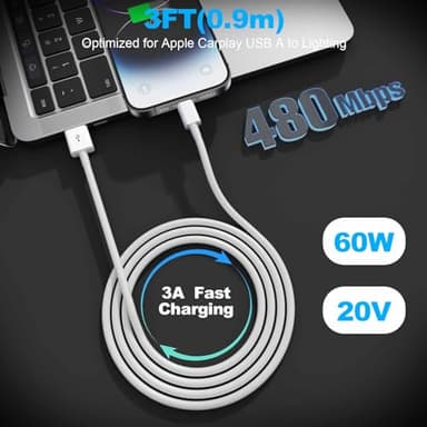 Car Apple Carplay Cable,USB A to Lightning Cable 3FT Compatible with iPhone 14 13 12 11 Pro Max XR XS X Charger Cord,Car Charging Cord - Image 6