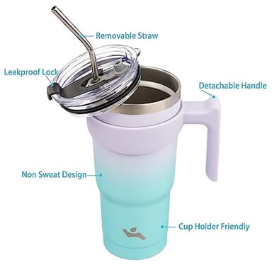 Konokyo 20 oz Tumbler with Handle and 2 Straw 2 Lid, Insulated Water Bottle Stainless Steel Vacuum Cup Reusable Travel Mug, Lavender Green - Image 4