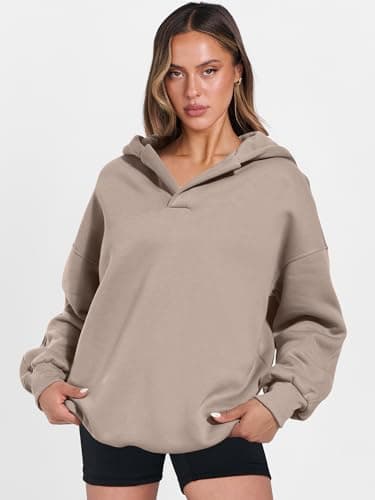 ANRABESS Womens Oversized Hoodies V Neck Sweatshirts Fleece Long Sleeve Pullover Y2K Clothes 2025 Fall Trendy Outfits Coffee Grey XXL - Image 7
