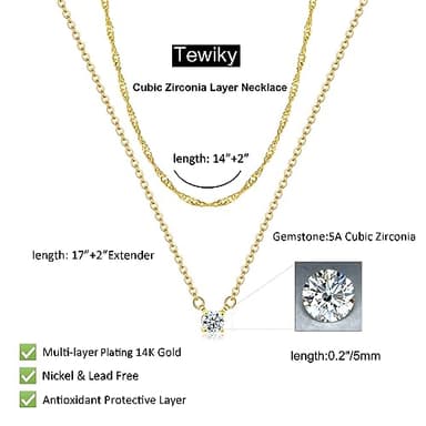 Tewiky Dainty Layered 14K Gold Plated Cubic Zirconia Necklace for Women, Simple Solitaire Pendant Chain Choker Necklaces Set Cute CZ Trendys Gold Jewelry Gift - Image 4