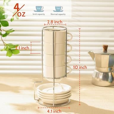 Sweese Porcelain Espresso Cups Set, 4 oz Stackable Cups with Saucers Metal Stand, Set of 4, White - Image 6